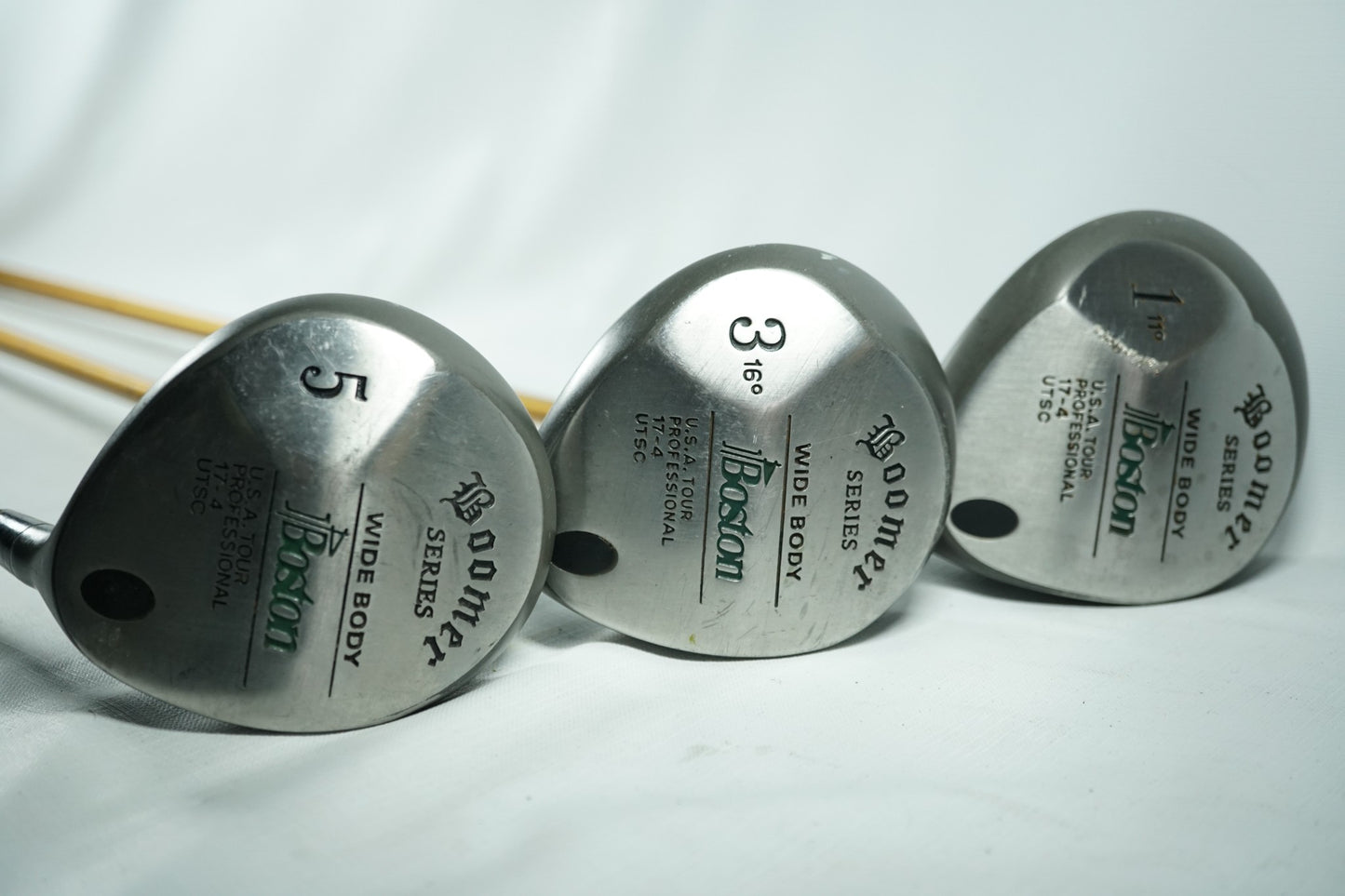 Boston Boomer Driver, 3 and 5 Woods / Stiff Flex Graphite Shafts / New Grips