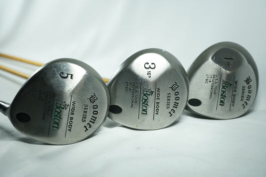 Boston Boomer Driver, 3 and 5 Woods / Stiff Flex Graphite Shafts / New Grips